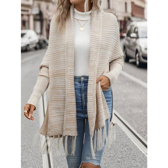 Casual Space Dye Batwing Sleeve Fringe Hem Duster Cardigan - Picture 5 of 7